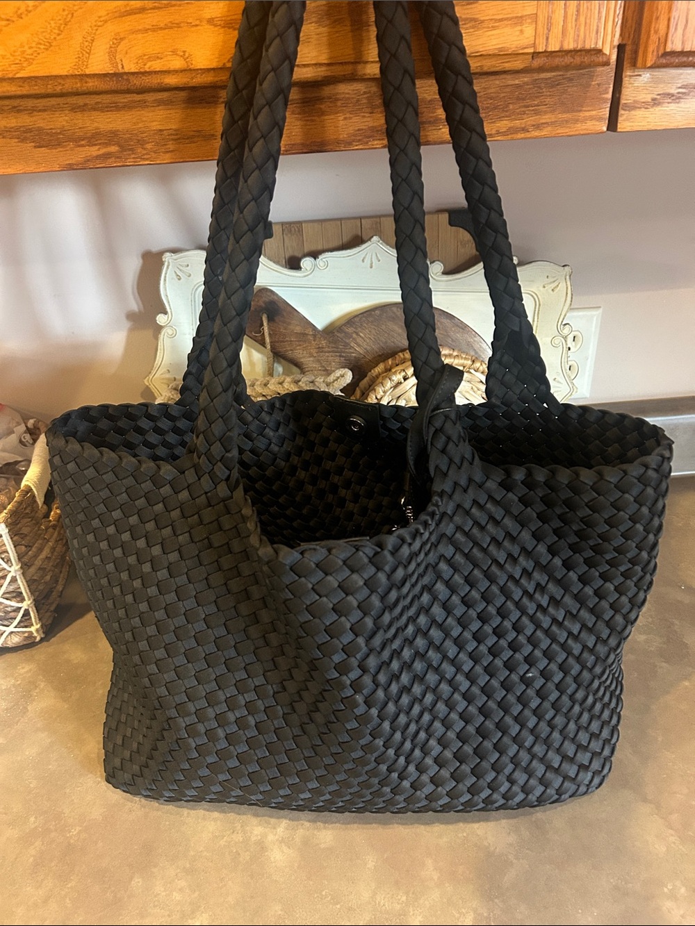 BCBGMAXAZRIA Black Woven neoprene Tote Bag with Pouch